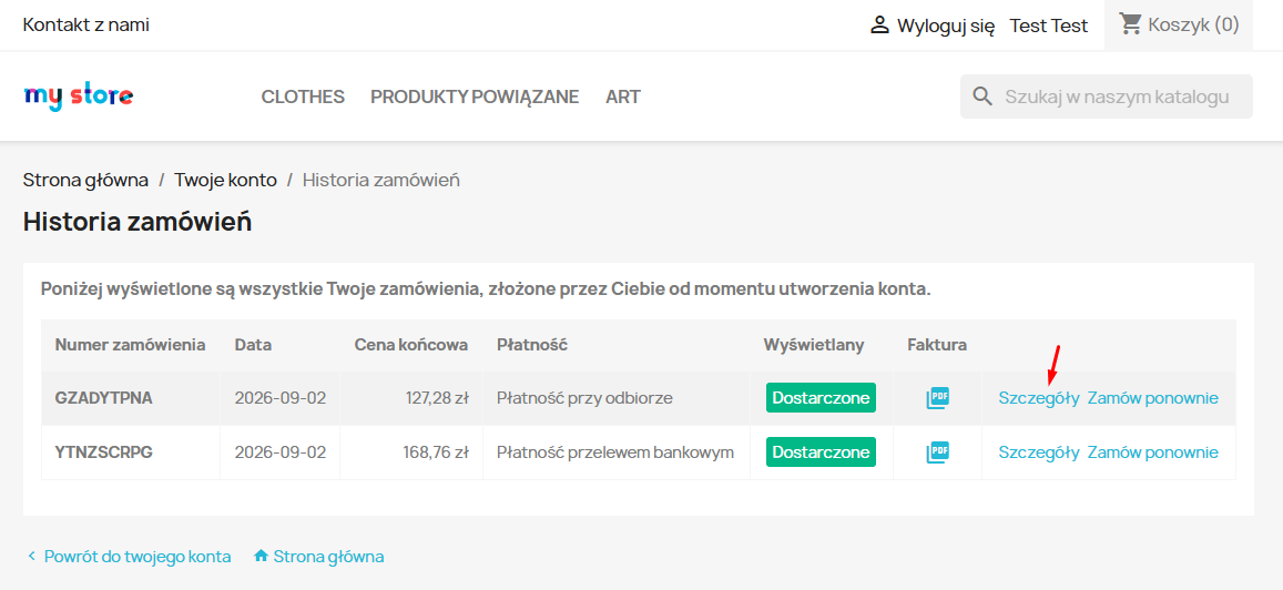 Lista zamówień z linkiem do szczegółów