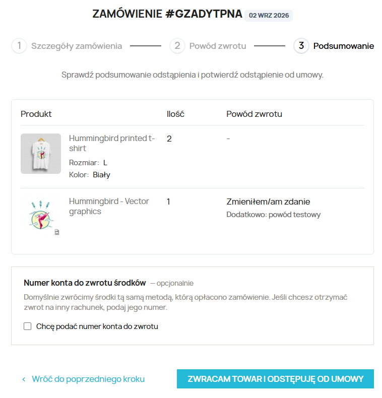 Podsumowanie zwrotu z przyciskiem odstąpienia