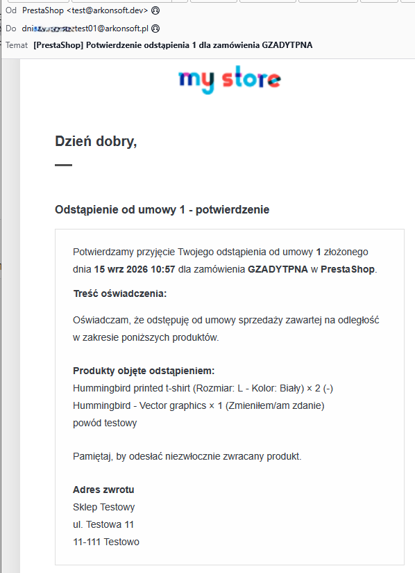 Mail potwierdzający złożenie zwrotu