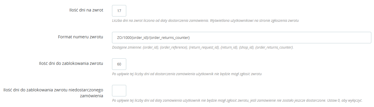 Ustawienia czasu na zwrot