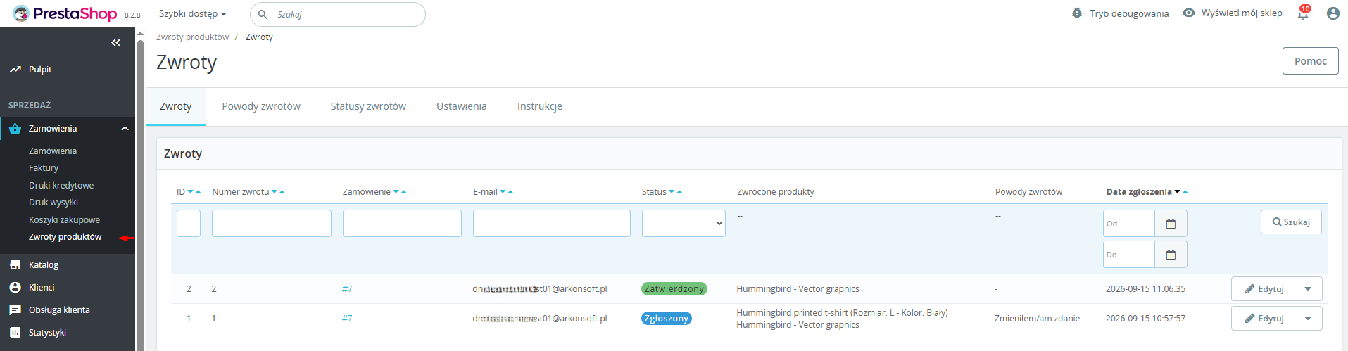 Lista zwrotów w back office PrestaShop