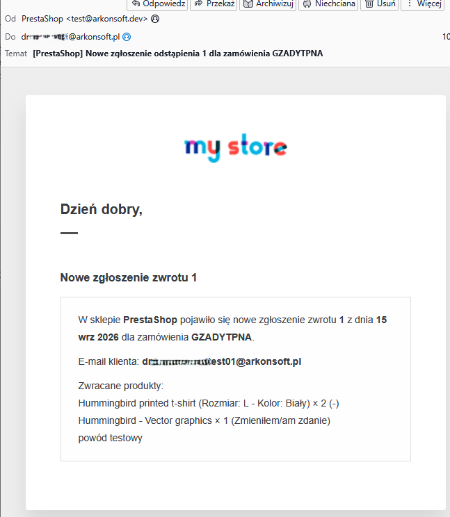 E-mail do administratora o nowym zwrocie
